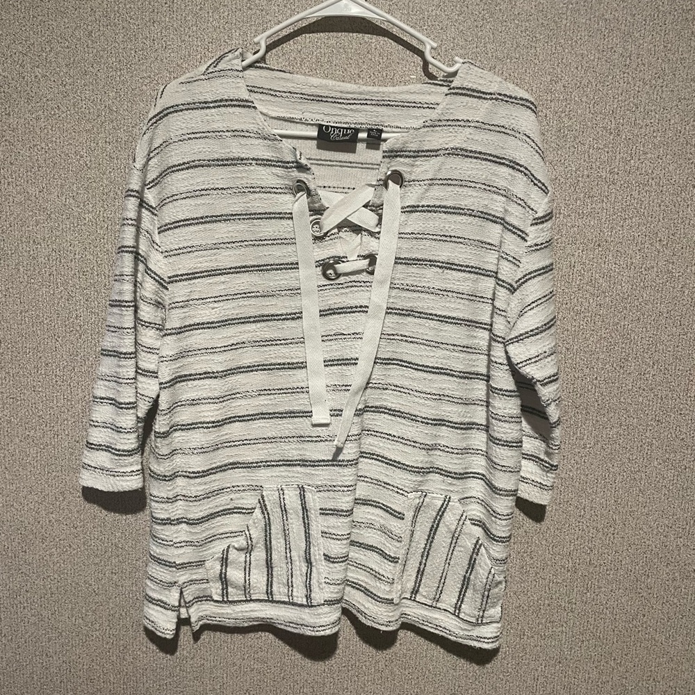 Onque Casual Womens Large Striped Lace Up V-Neck 3/4 Sleeve Knit Top White Navy
